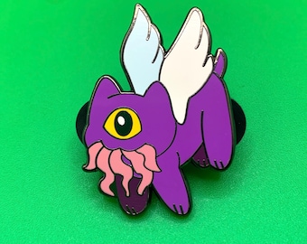 May include: Purple winged creature with a single yellow eye and pink tentacles coming out of its mouth. The creature has white wings and is in a flying pose.