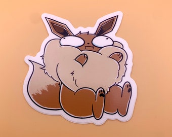 May include: A brown and white cartoon sticker of a Pokemon character with big eyes and a surprised expression. The character is holding its fluffy tail in its paws.