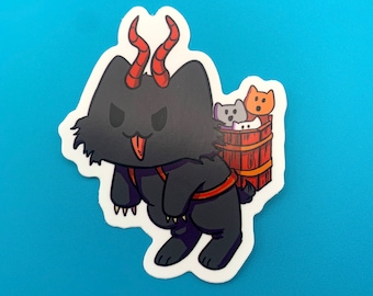 May include: A black cat with red horns and a mischievous expression carries a basket on its back. The basket is filled with three small, colourful cats.