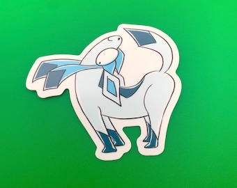 May include: A white and blue cartoon sticker of a mythical creature with a blue scarf. The creature has a long tail and four legs.