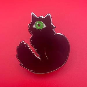 May include: A black cat enamel pin with a large green eye. The cat is sitting with its tail curled around its body. The pin has a silver outline and is set against a red background.