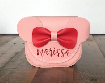 Light Pink Personalized Minnie Mouse Purse | Toddler Size Cross Body Bag | Personalized Name | Customized | Red | Glitter | Faux Leather