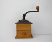 Antique Victorian Coffee Grinder Cast Iron Wood Base Dovetail Construction Removable Drawer Kitchen Decor Hand Cranked Appliance
