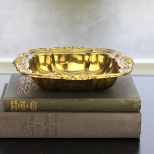 Vintage Brass Square Candy Bowl | Scrollwork Design | Trinket Dish | Indoors or Outdoors | Home Decor Display | Piece Great | Patina | MCM
