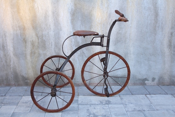 Antique Wood Metal Tricycle Leather Seat Wood Handlebar Grips