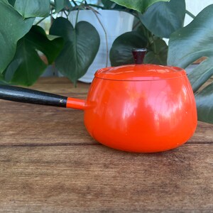 Vintage Flame Orange Fondue Pot With Lid | Wood Handle | Aluminum | Small Sauce Pan |  Farmhouse Kitchen Decor | Mid-Century Cookware