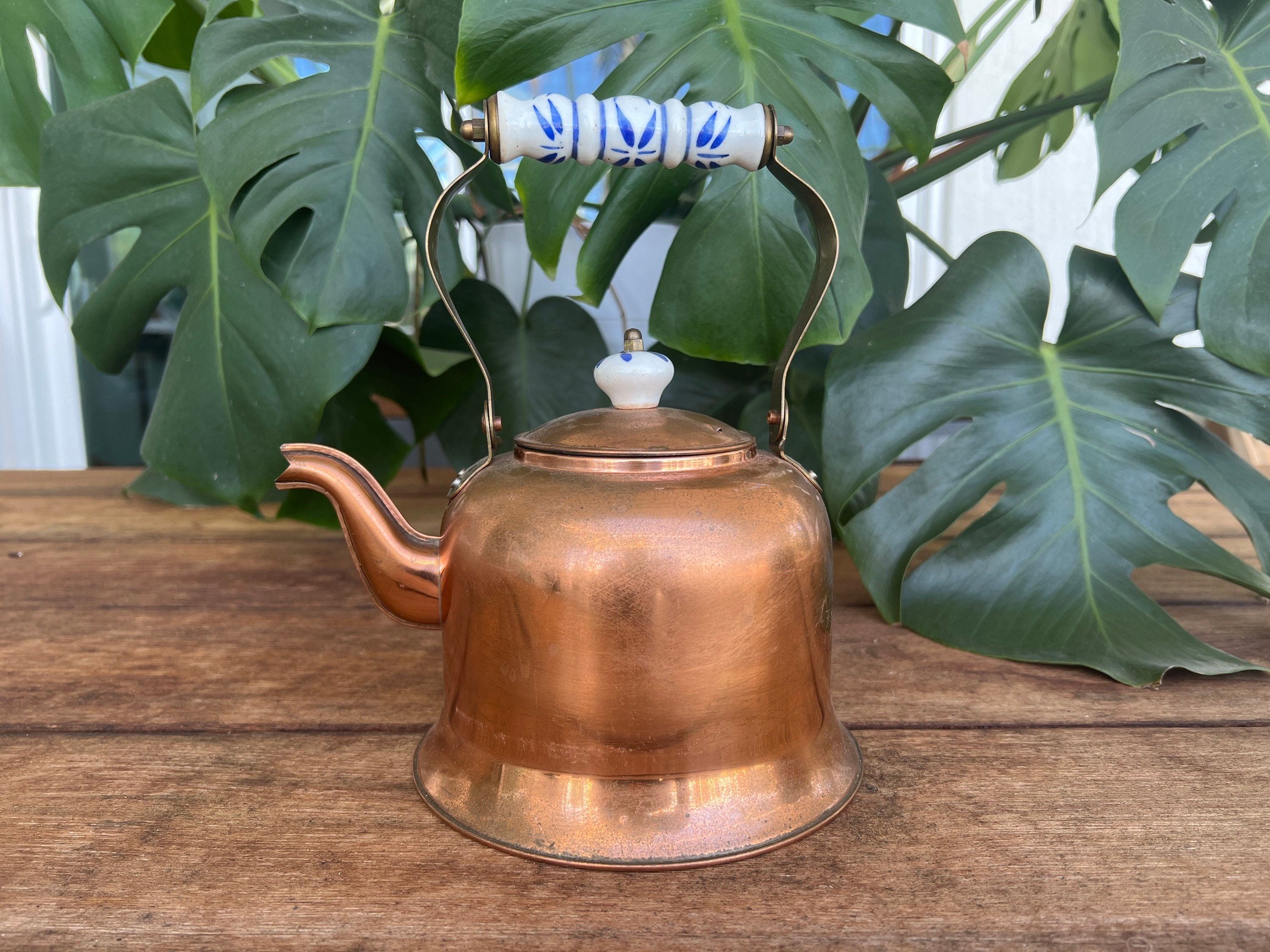 Vintage Copper Kettle Teapot Blue & White Delft Handle Etsy