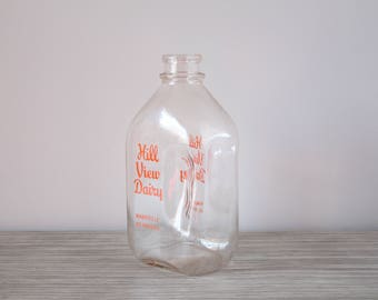 Vintage Hill View Dairy Glass Milk Jug | Clear Bottle | Orange Graphics | 1/2 Half Gallon Container | Providence RI Rhode Island | USA