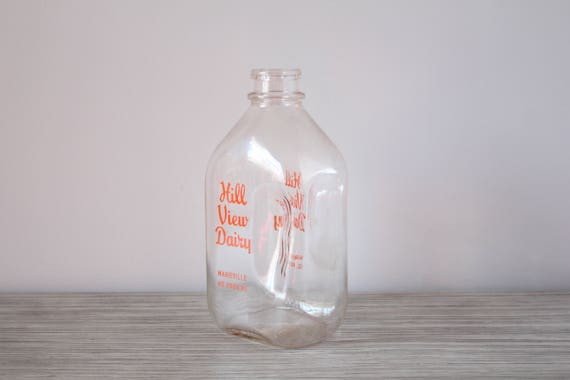 Vintage Hill View Dairy Glass Milk Jug Clear Bottle Orange Graphics 1/2  Half Gallon Container Providence RI Rhode Island USA 