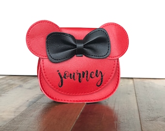 Monedero de Minnie Mouse personalizado rojo / Bolso de cuerpo cruzado de tamaño pequeño / Nombre personalizado / Personalizado / Blanco / Negro / Brillo / Cuero de imitación