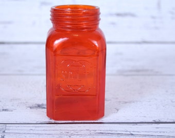 Vintage Red Glass Salt Shaker | Embossed Raised Lettering | Kitchen Pantry | Barware | Floral Vase | Crafts | Kitchenware | Glassware
