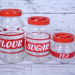 Vintage Cove Glass Canister Set of 3 | Embossed | Red & White Graphics | Plastic Top | Kitchenware | Pantry | Barware | Jar | Made In Italy
