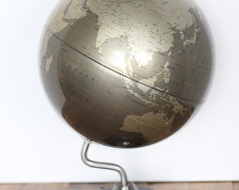 Vintage Replogle Diamond Marquise Globe | Metallic Gold Sheen | World Map | Stainless Steel Hardware | Black Metal Base | Spinning 12"