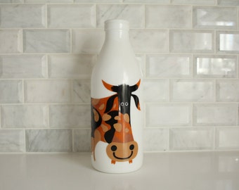 RARE Kenneth Townsend White Glass Cow Milk Bottle | Italian Egizia | Vintage | Black | Brown | Orange | Menagerie Animal | UK United Kingdom
