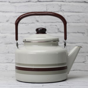 Vintage Enameled Tea Kettle | Brown & Beige | Handle | Heavy Teapot |  Stovetop Enamel Pot | Farmhouse Kitchen Decor | Magnolia Style Item