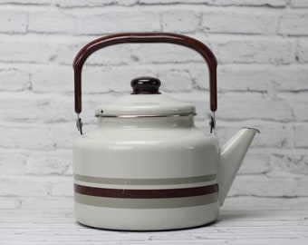 Vintage Enameled Tea Kettle | Brown & Beige | Handle | Heavy Teapot |  Stovetop Enamel Pot | Farmhouse Kitchen Decor | Magnolia Style Item