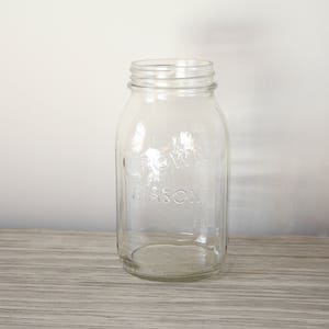 Vintage Glass Crown Mason Quart Jar | Clear Container | Embossed Kitchenware | Pantry Organization | Regular Mouth | Measurements | Vase