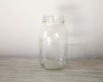 Vintage Glass Crown Mason Quart Jar | Clear Container | Embossed Kitchenware | Pantry Organization | Regular Mouth | Measurements | Vase