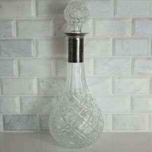 Vintage Glass Decanter | Silverplate Neck | Round Glass Stopper | Cross Cut Crystal Design  | Whiskey | Bourbon | Vodka | Wine | Barware