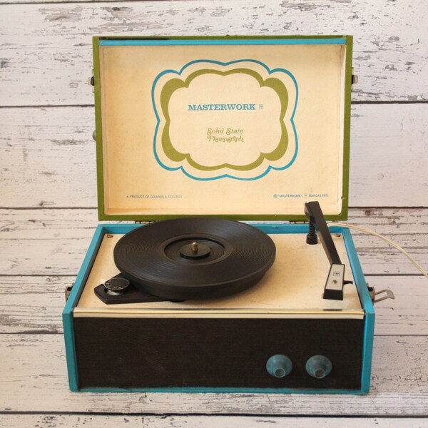 Vintage Masterwork Record Player Solid State Phonograph Mid-Century Blue Green Carrying Case Suitcase Model M-2201 Columbia Records