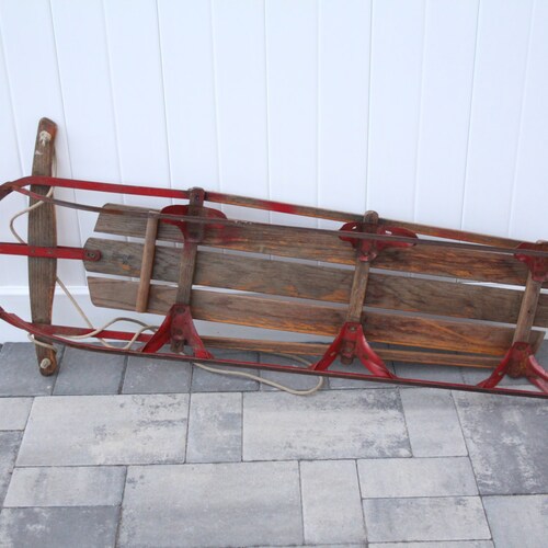 Vintage Wood Snow Sled | Champion F-56 | Children's Toy | Red Metal | Rope Handle Steering | Red top & Blue Painted Graphics | F56 | Wooden