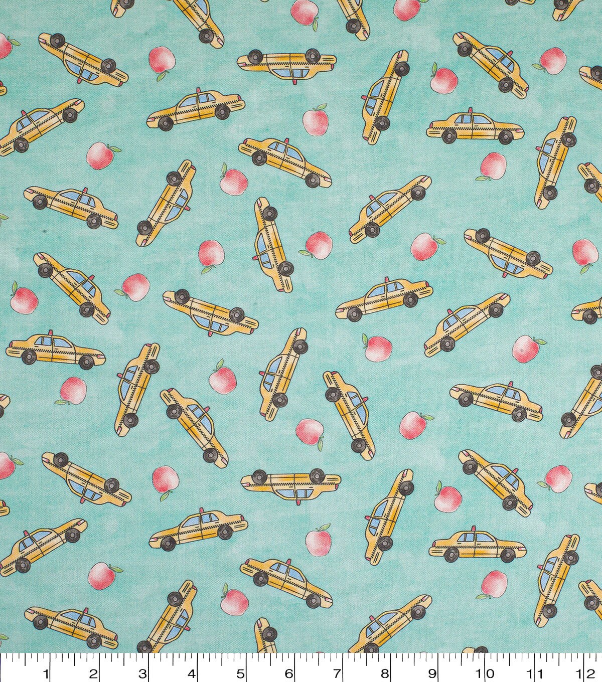 New York City Taxi Fabric By The Cut | Quilting Cotton Novelty Print | NYC Empire State | Green | Yellow Cab | 1/4 1/2 Yard | 1 Yard