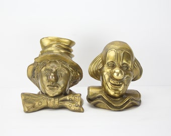 1940 Brass Clown Head Bookends クラウンヘッド VTG PM Craftsman Clown Bookends Set Happy & Sad Brass Tone Cast