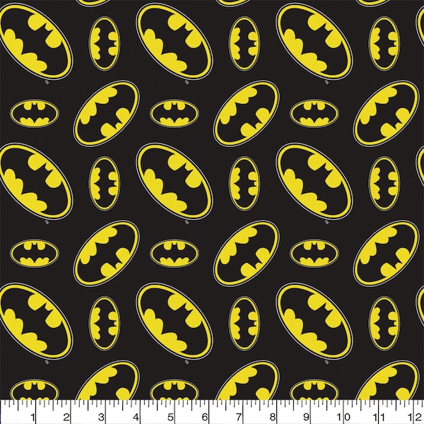 Batman Fabric By The Cut | Bat Signal | Logo Toss | 100% Cotton | DC Comics | Black | Yellow | Superhero | Costumes | Bedding | Clothing