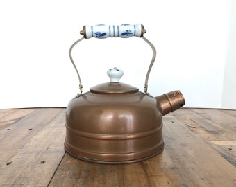 Vintage Copper Kettle | Teapot | Blue & White Delft Handle | Tin Lined | Tea Pot | Farmhouse Style Decor | Kitchen Accessories | Kitchenware