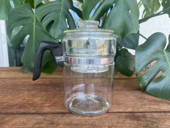 Vintage Pyrex Flameware Coffee Percolator Bakelite Handle Clear Glass Stainless Steel 9 Cup Capacity Stovetop Made in USA 7829 