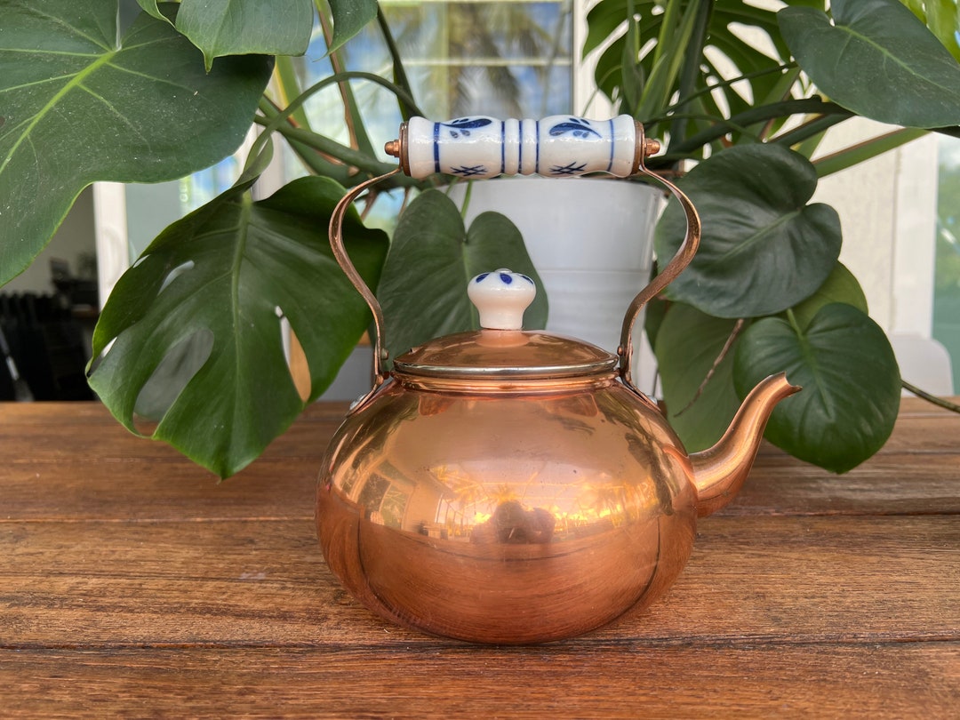 Vintage Copper Kettle Teapot Blue & White Delft Handle Tin Lined Tea