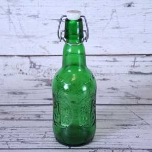 Vintage Grolsch Green Glass Beer Bottle Embossed | Porcelain Ceramic Hinged Swing Top | Wire Bail Closure |  Reusable Emerald Color