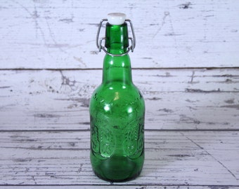 Vintage Grolsch Green Glass Beer Bottle Embossed | Porcelain Ceramic Hinged Swing Top | Wire Bail Closure |  Reusable Emerald Color