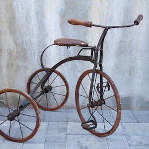 Antique Wood & Metal Tricycle | Leather Seat | Wood Handlebar Grips | Metal Foot Pedals | Childrens Trike |Vintage | Collectible Toys