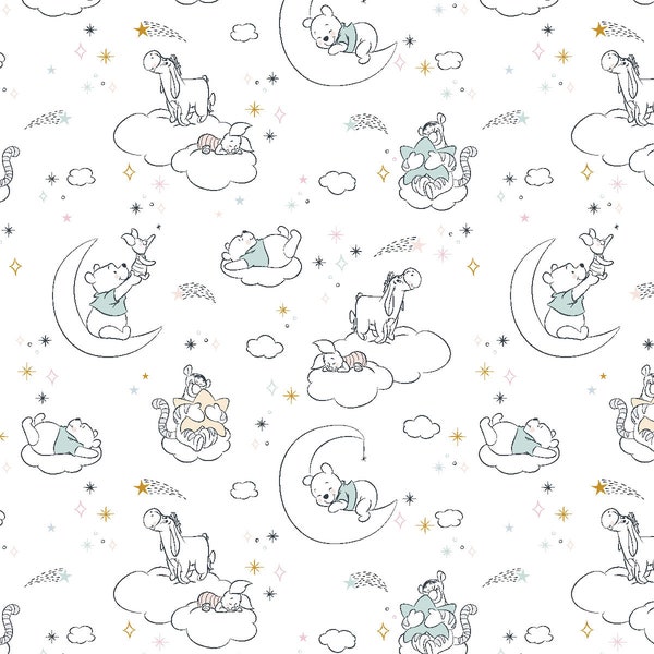 Winnie The Pooh Baby Friends Fabric By The Cut | Cartoon Print | 100% Quilting Cotton | Grey | White | Blue | Pink | 1 Yard