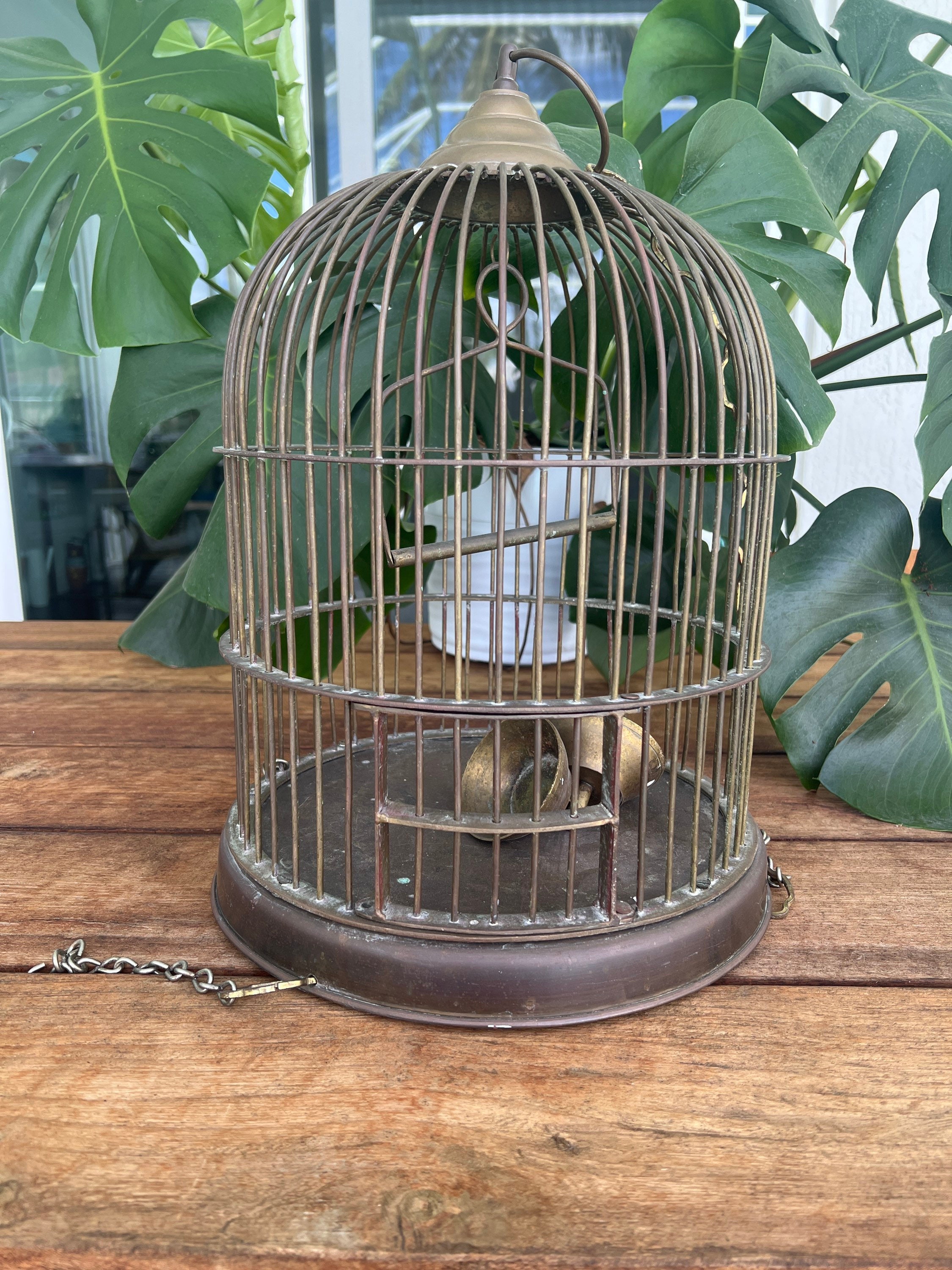 RARE Antique Genykage England Solid Brass Bird Cage with Porcelain