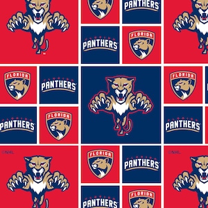 Tissu Panthers de la Floride à la coupe | Impression sportive | Coton matelassé | Hockey LNH | Bleu | Blanc | Rouge | 1/2 verge | 1 mètre