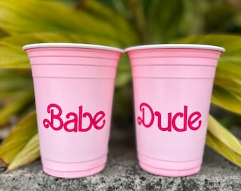 Babe Pink Plastic Cup | Disposable Party Decorations | Doll Silhouette Head | Vintage & Modern Fonts  | Vinyl | Girls | Boys | Customized