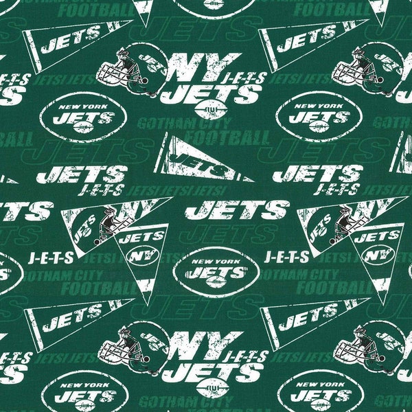 NY Jets Fabric By The Cut | Sports Print | 100% Quilting Cotton | NFL Football | Green | White | Flags | 1/2 Yard | 1 Yard