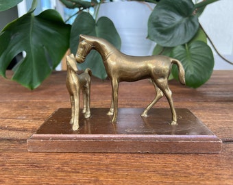 Vintage Brass Horses | Wood Mounted Plaque | Patina | Mid-Century | Animal Figurine | Decorative Statue | Home Decor | Room Decoration