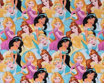 Disney Princesses Floral Fabric By The Cut | Cartoon Print | 100% Quilting Cotton | Pink | Purple | Blue | 1/2 Yard | 1 Yard