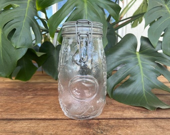 Vintage Wheaton Glass Canister | 1.5 Liters | Fruits Designs | Metal Wire Bail Closure | Embossed Graphics | Kitchen Storage Container