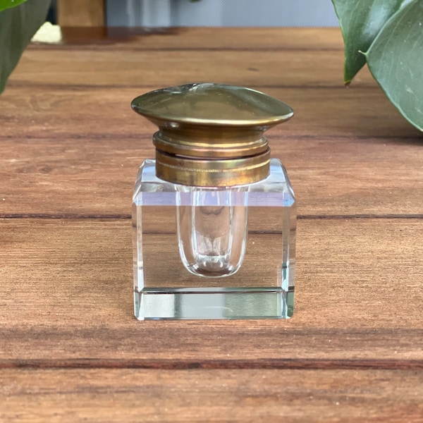 Vintage Inkwell | Brass Top | Glass Body | Desk Accessories | Office Decor | Ink Holder | Ink Well | Writing Accessories | Clean Lines