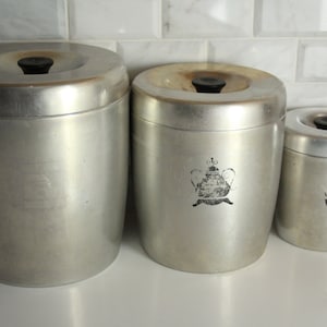 Vintage Aluminum 3 Piece Canister Set | West Bend Metal | Lidded Top | 1950s Kitchen Decor | Storage | Flour | Sugar | Coffee | Tea | Etc