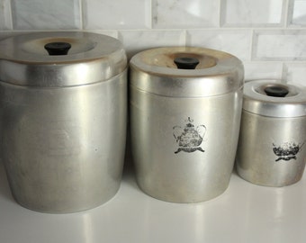 Vintage Aluminum 3 Piece Canister Set | West Bend Metal | Lidded Top | 1950s Kitchen Decor | Storage | Flour | Sugar | Coffee | Tea | Etc
