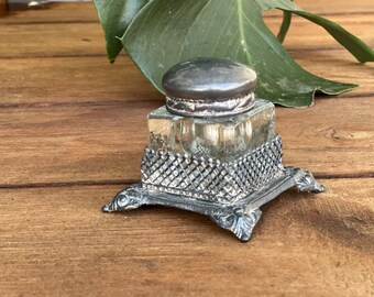 Vintage Inkwell | Pewter Metal Base | Ornate | Glass Body | Desk Accessories | Office Decor | Ink Holder | Ink Well | Writing Accessories