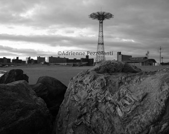 Brooklyn Parachute Jump Coney Island Beach White Clouds In The Sky Photography Black & White Photo Images New York NYC Photograph