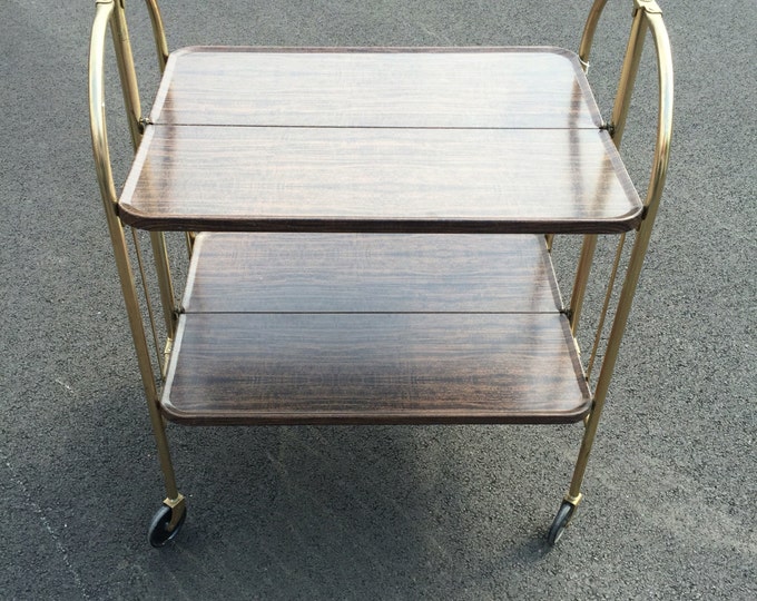 Vintage Relyon Metal Rolling Bar Cart Brown Woodgrain Look Gold