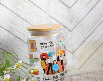 Friends ,Glass Can Cup,Friends 16oz Glass Can Cup with Lid and Straw, Friends Gifts, Fan Gift, Iced Coffee Glass Cup ,FRIENDS Glass Tumbler