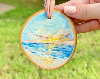 Beach Landscape, Original Hand Painted Ornament on Wood Slice, Ornament with Chiffon Ribbon, Beach Painting, Beach Gift, Florida Gift